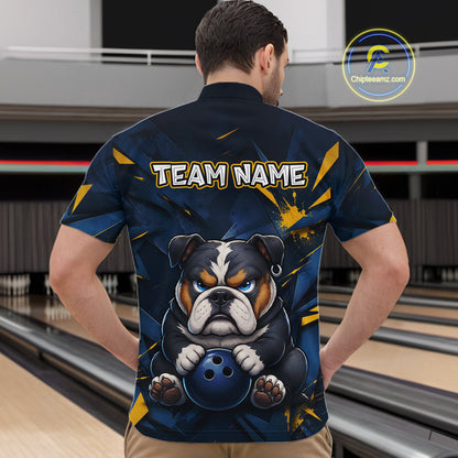 Male model wearing a custom blue bulldog bowling quarter-zip shirt back view displaying the personalized team name above a fierce cartoon bulldog graphic at the bowling alley