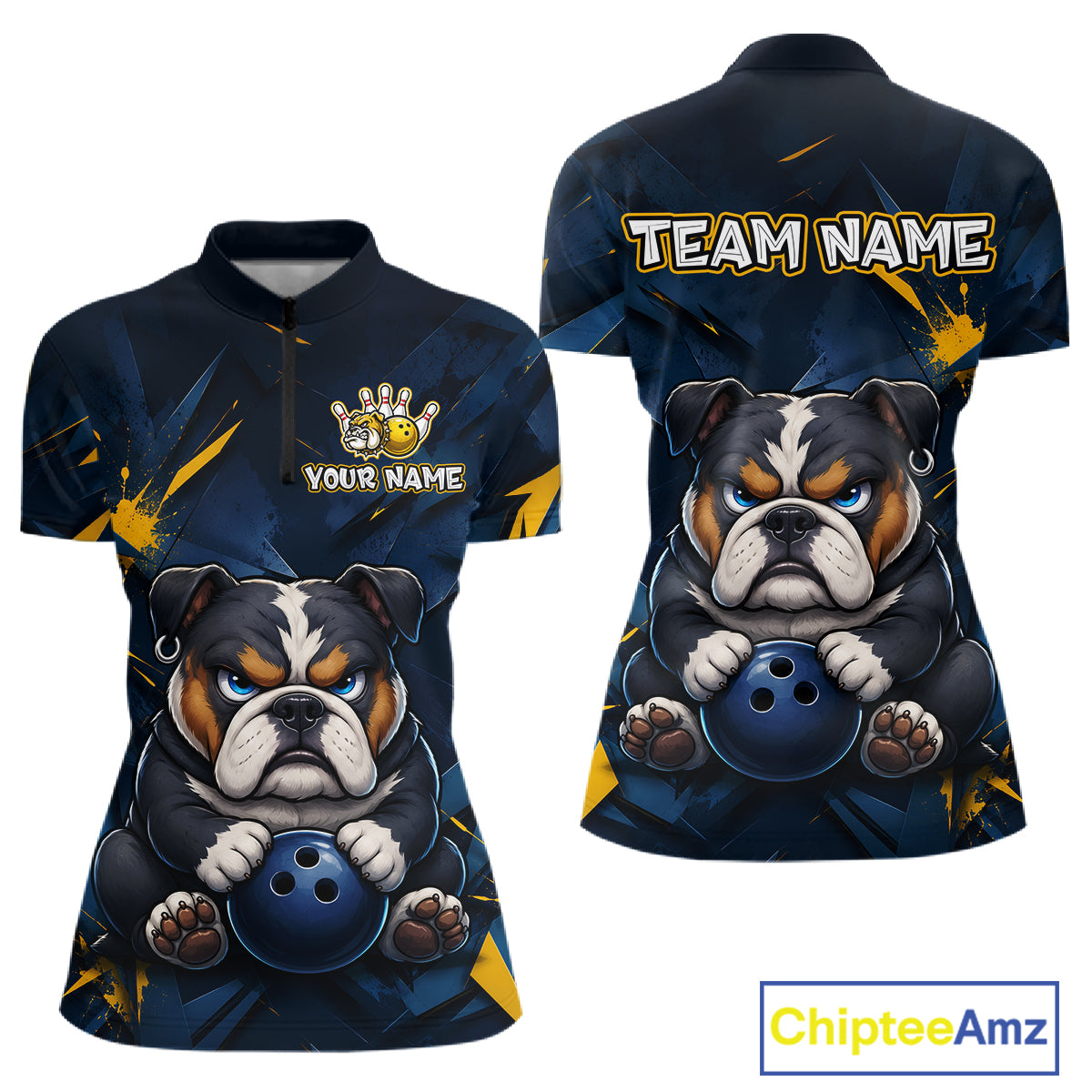 Front and back view custom blue bulldog bowling quarter-zip shirt featuring a fierce cartoon bulldog with bowling ball, gold lightning accents and navy blue abstract design, personalized with team name and player name