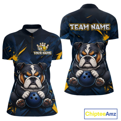 Front and back view custom blue bulldog bowling quarter-zip shirt featuring a fierce cartoon bulldog with bowling ball, gold lightning accents and navy blue abstract design, personalized with team name and player name