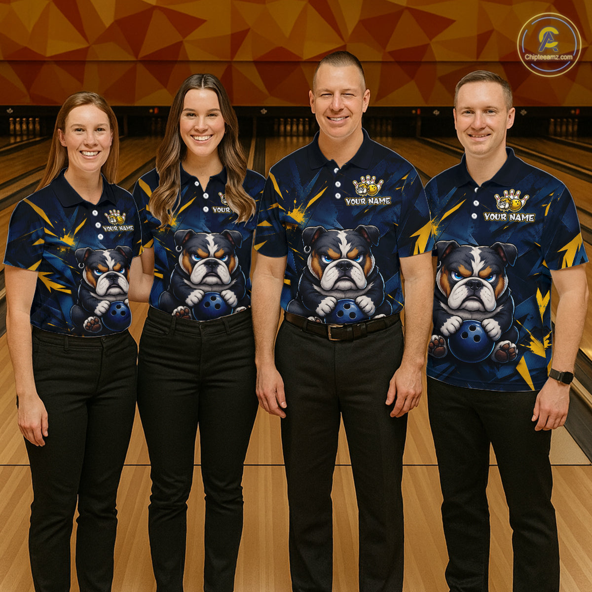 Group of four wearing custom blue bulldog bowling shirts front view featuring fierce cartoon bulldog artwork with bowling ball, gold lightning accents and navy blue abstract pattern at the bowling alley