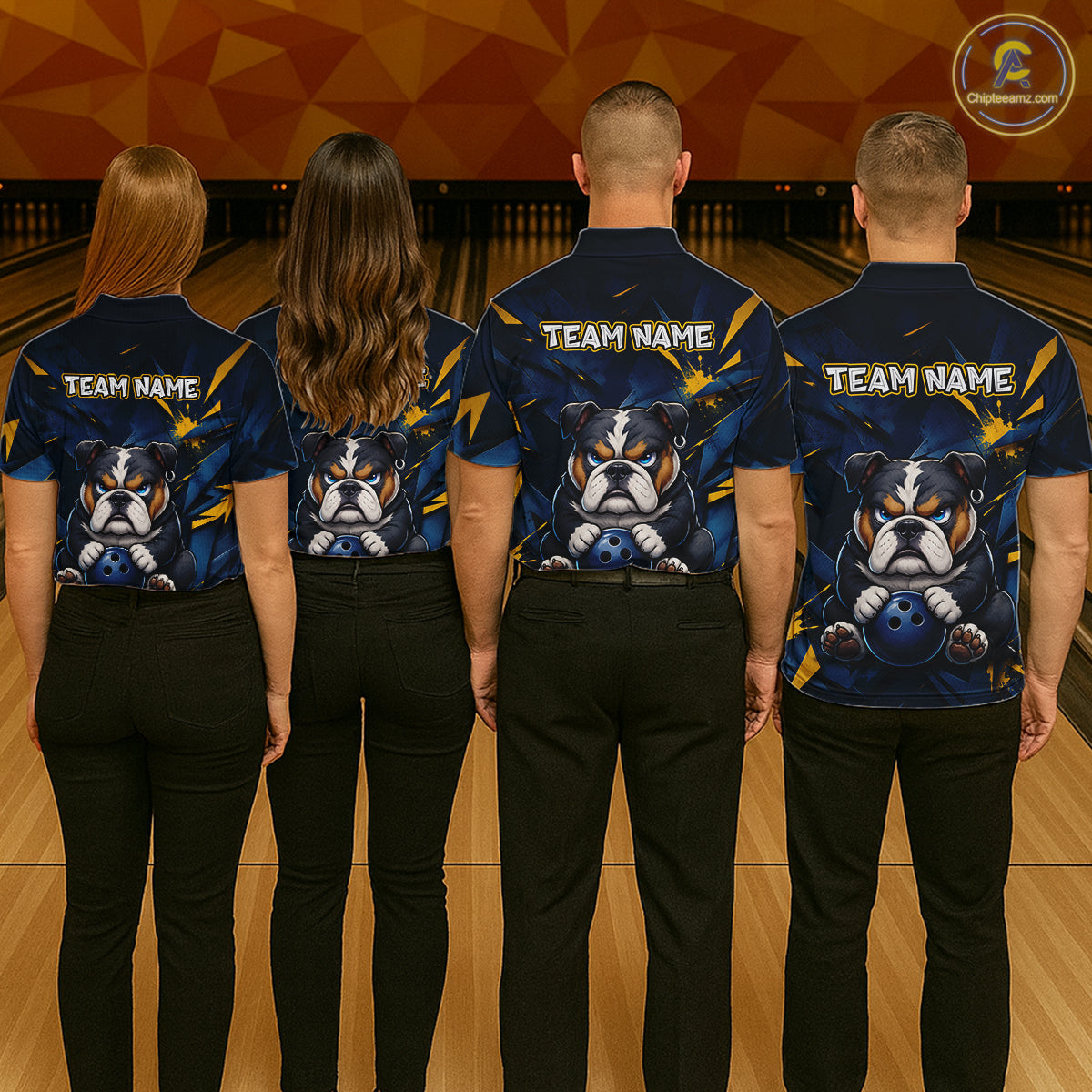 Group of four wearing custom blue bulldog bowling shirts back view displaying personalized team names above fierce cartoon bulldog artwork on a navy blue abstract background with gold lightning accents at the bowling alley