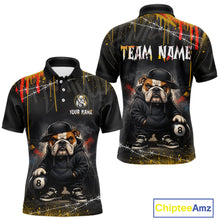 Load image into Gallery viewer, Street style short-sleeve polo shirt shown from front and back with a funny hip hop bulldog print holding an 8-ball, and customizable text areas including 'TEAM NAME' and 'YOUR NAME'.