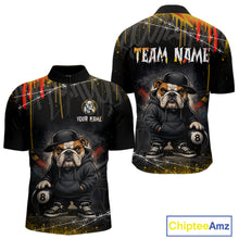 Load image into Gallery viewer, Street Style short-sleeve quarter-zip jersey shown from front and back with a hip hop bulldog print holding an 8-ball, and customizable text areas including 'TEAM NAME' and 'YOUR NAME'.