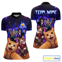 Load image into Gallery viewer, Two bowling shirts with cat designs and customizable text on a white background.