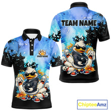 Load image into Gallery viewer, Colorful polo shirt with cartoon duck design and customizable text on a white background