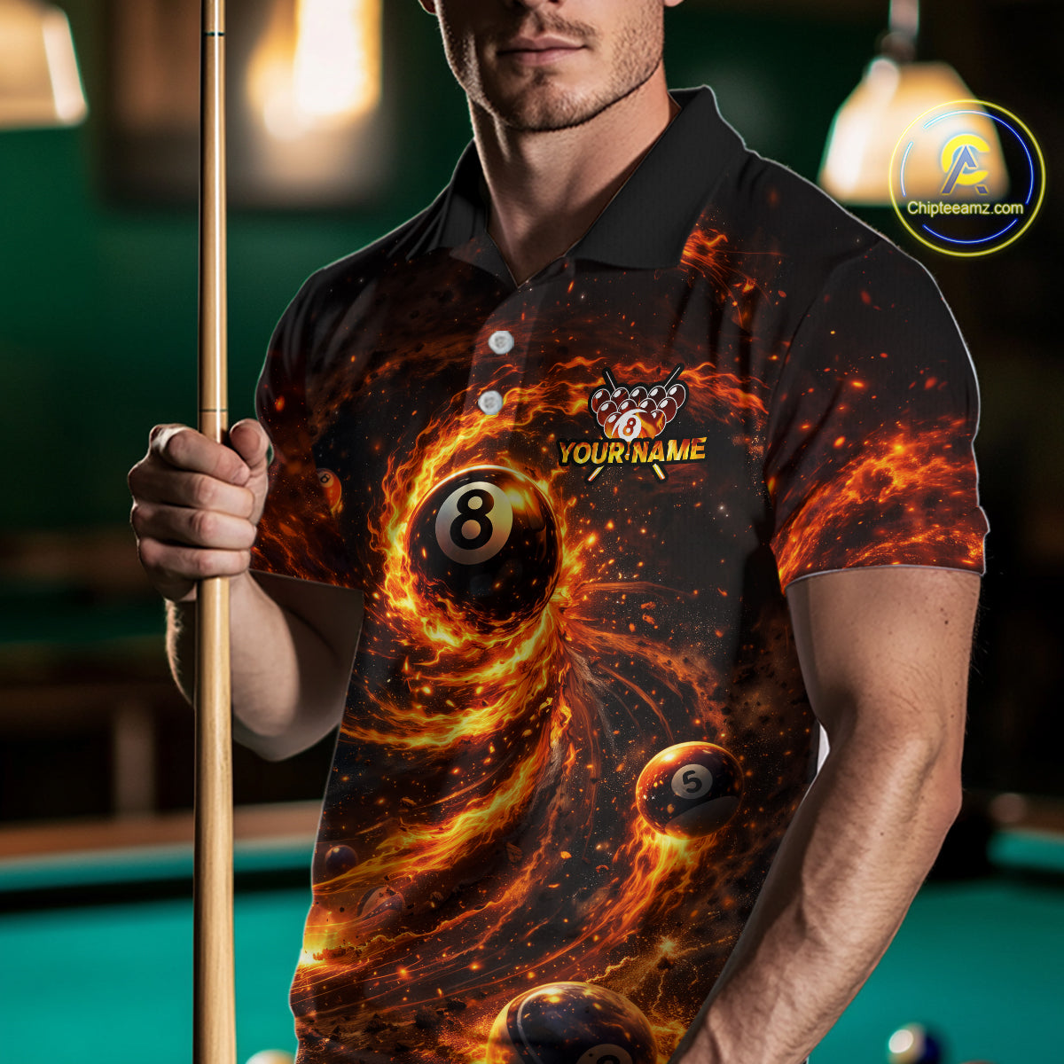 Orange Flame Billiard Shirt for Men Custom Wings 8 Ball Billiard Jersey Polo & 1/4 Zip Billiard Outfit BHT9