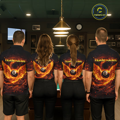 Orange Flame Billiard Shirt for Men Custom Wings 8 Ball Billiard Jersey Polo & 1/4 Zip Billiard Outfit BHT9