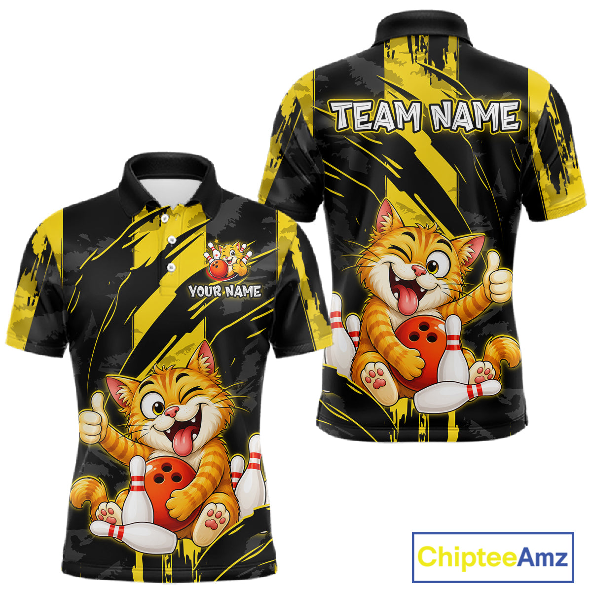 Front and back view custom black yellow cat bowling polo shirt featuring a playful cartoon cat with bowling ball, bowling pins and yellow black paint stroke pattern, personalized with team name and player name