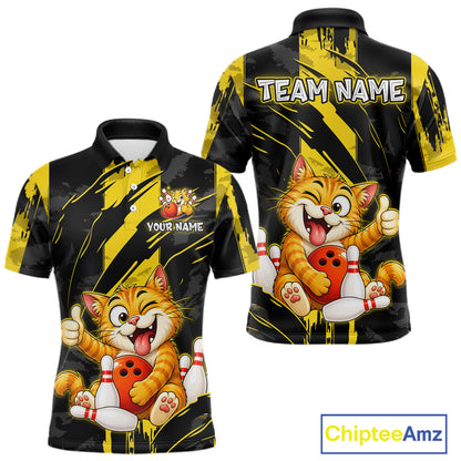 Front and back view custom black yellow cat bowling polo shirt featuring a playful cartoon cat with bowling ball, bowling pins and yellow black paint stroke pattern, personalized with team name and player name