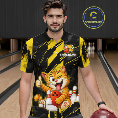 Male model wearing a custom black yellow cat bowling polo shirt front view featuring a playful cartoon cat, bowling ball, bowling pins and yellow black paint stroke pattern at the bowling alley