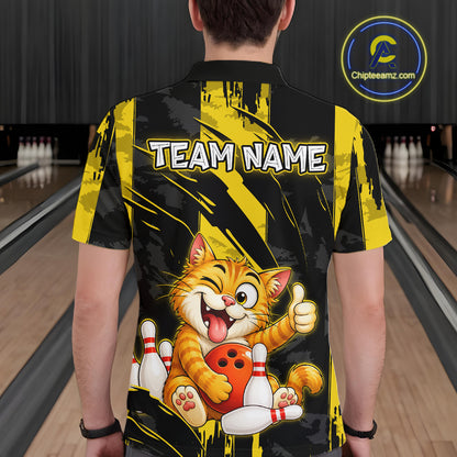 Male model wearing a custom black yellow cat bowling polo shirt back view displaying the personalized team name above a playful cartoon cat graphic at the bowling alley