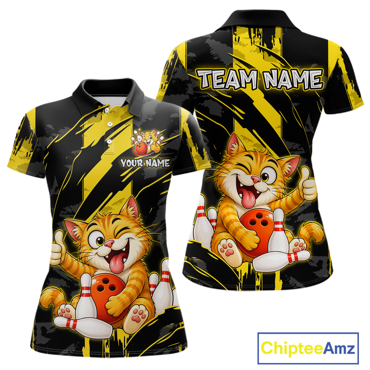 Front and back view custom black yellow cat bowling polo shirt featuring a playful cartoon cat with bowling ball, bowling pins and yellow black paint stroke pattern, personalized with team name and player name