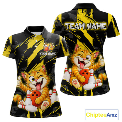 Front and back view custom black yellow cat bowling polo shirt featuring a playful cartoon cat with bowling ball, bowling pins and yellow black paint stroke pattern, personalized with team name and player name