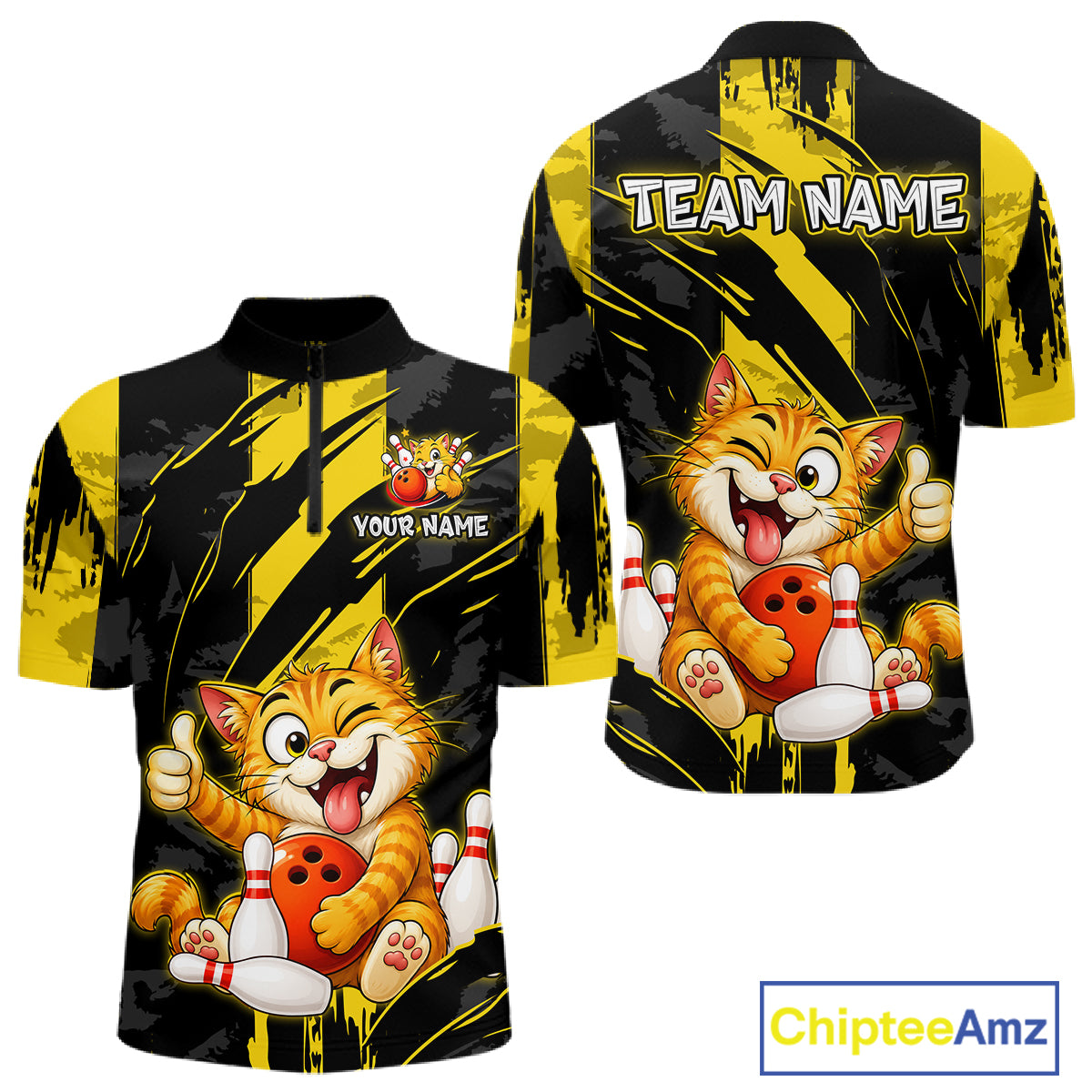 Front and back view custom black yellow cat bowling quarter-zip shirt featuring a playful cartoon cat with bowling ball, bowling pins and yellow black paint stroke design, personalized with team name and player name