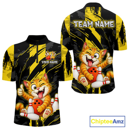 Front and back view custom black yellow cat bowling quarter-zip shirt featuring a playful cartoon cat with bowling ball, bowling pins and yellow black paint stroke design, personalized with team name and player name