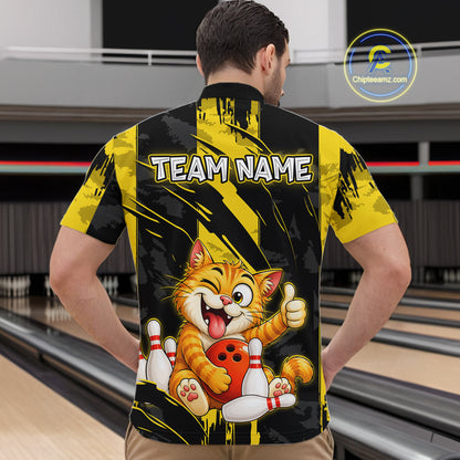 Male model wearing a custom black yellow cat bowling quarter-zip shirt back view displaying the personalized team name above a playful cartoon cat graphic at the bowling alley