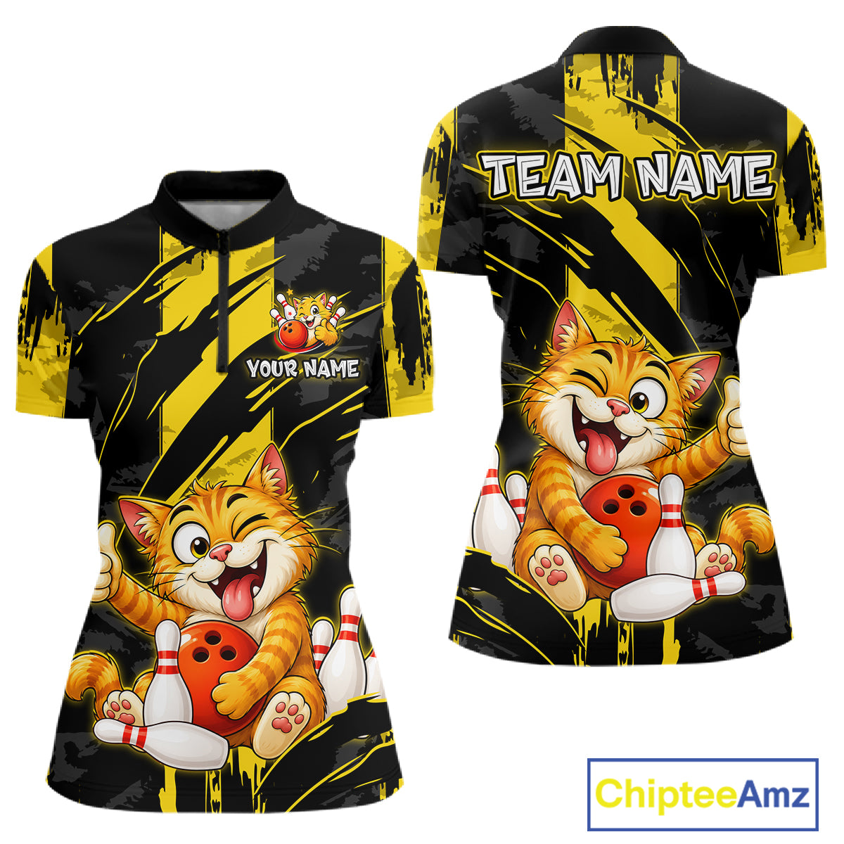 Front and back view custom black yellow cat bowling quarter-zip shirt featuring a playful cartoon cat with bowling ball, bowling pins and yellow black paint stroke design, personalized with team name and player name