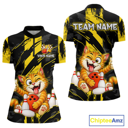 Front and back view custom black yellow cat bowling quarter-zip shirt featuring a playful cartoon cat with bowling ball, bowling pins and yellow black paint stroke design, personalized with team name and player name