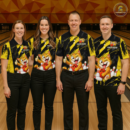 Group of four wearing custom black yellow cat bowling shirts front view featuring playful cartoon cat artwork with bowling ball, bowling pins and yellow black paint stroke pattern at the bowling alley