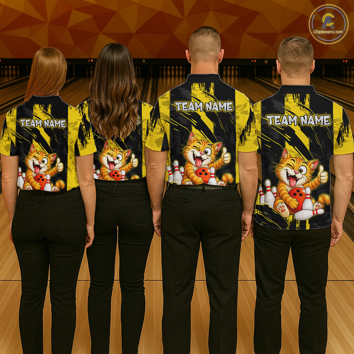 Group of four wearing custom black yellow cat bowling shirts back view displaying personalized team names above playful cartoon cat artwork on a yellow black paint stroke background at the bowling alley