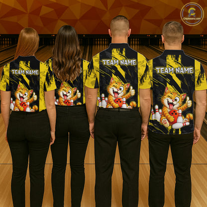 Group of four wearing custom black yellow cat bowling shirts back view displaying personalized team names above playful cartoon cat artwork on a yellow black paint stroke background at the bowling alley
