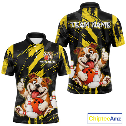 Front and back view custom black yellow bulldog bowling polo shirt featuring a playful cartoon bulldog with bowling ball, bowling pins and yellow black paint stroke pattern, personalized with team name and player name