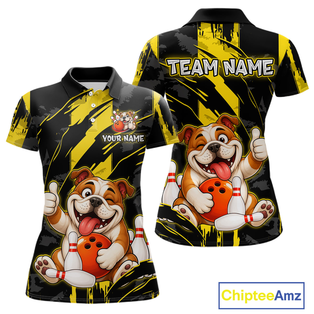Front and back view custom black yellow bulldog bowling polo shirt featuring a playful cartoon bulldog with bowling ball, bowling pins and yellow black paint stroke pattern, personalized with team name and player name