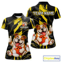 Load image into Gallery viewer, Front and back view custom black yellow bulldog bowling polo shirt featuring a playful cartoon bulldog with bowling ball, bowling pins and yellow black paint stroke pattern, personalized with team name and player name