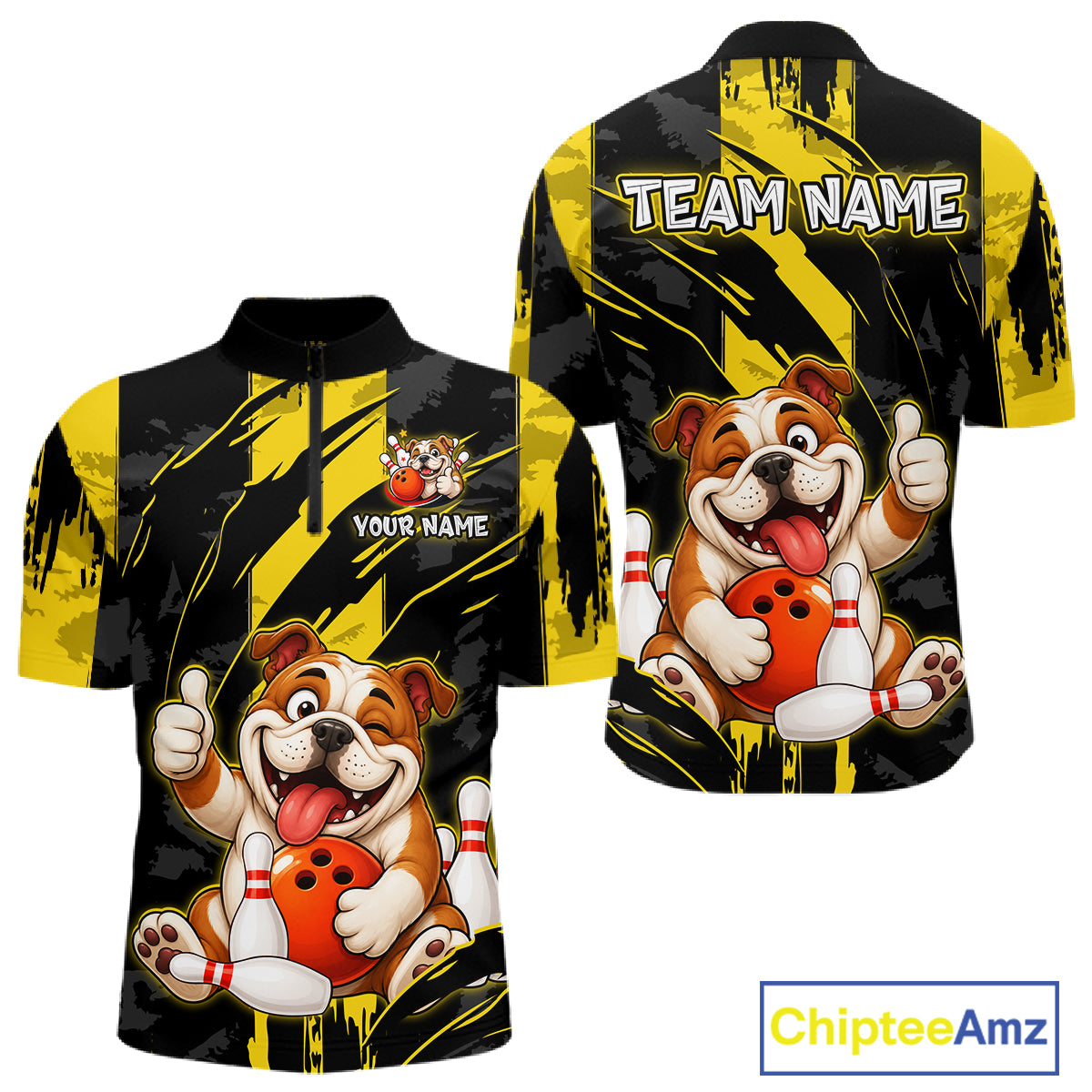 Front and back view custom black yellow bulldog bowling quarter-zip shirt featuring a playful cartoon bulldog with bowling ball, bowling pins and yellow black paint stroke design, personalized with team name and player name