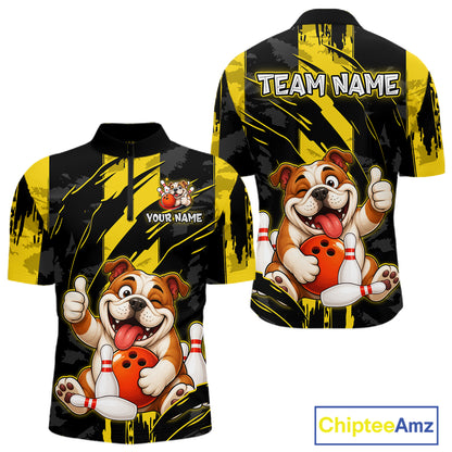Front and back view custom black yellow bulldog bowling quarter-zip shirt featuring a playful cartoon bulldog with bowling ball, bowling pins and yellow black paint stroke design, personalized with team name and player name