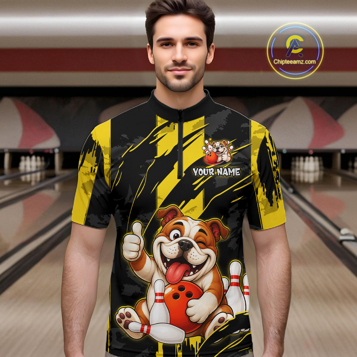 Male model wearing a custom black yellow bulldog bowling quarter-zip shirt front view featuring a playful cartoon bulldog, bowling ball, bowling pins and yellow black paint stroke pattern at the bowling alley