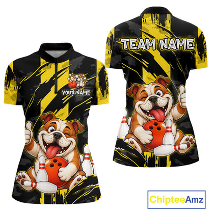 Front and back view custom black yellow bulldog bowling quarter-zip shirt featuring a playful cartoon bulldog with bowling ball, bowling pins and yellow black paint stroke design, personalized with team name and player name