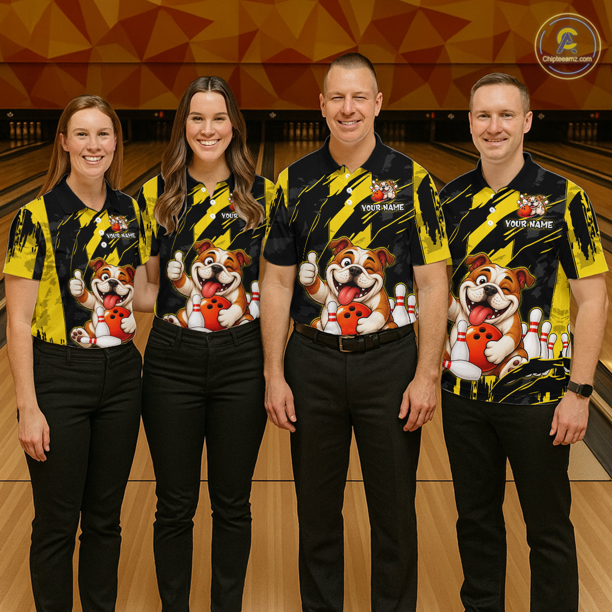 Group of four wearing custom black yellow bulldog bowling shirts front view featuring playful cartoon bulldog artwork with bowling ball, bowling pins and yellow black paint stroke pattern at the bowling alley