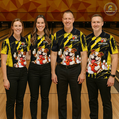 Group of four wearing custom black yellow bulldog bowling shirts front view featuring playful cartoon bulldog artwork with bowling ball, bowling pins and yellow black paint stroke pattern at the bowling alley