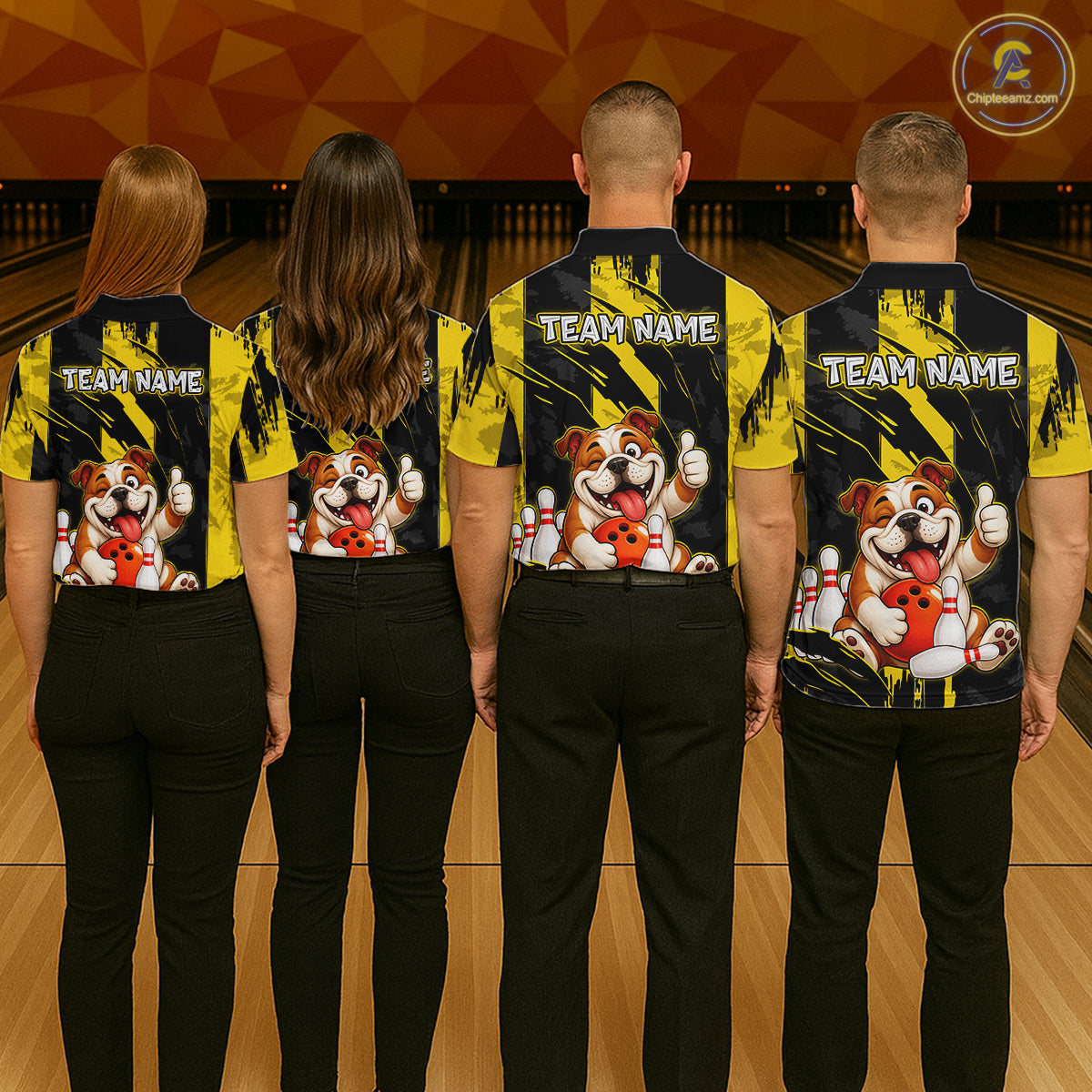 Group of four wearing custom black yellow bulldog bowling shirts back view displaying personalized team names above playful cartoon bulldog artwork on a yellow black paint stroke background at the bowling alley