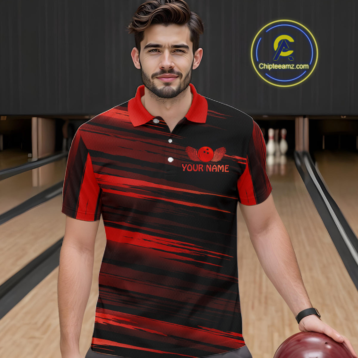 Male model wearing a custom black red bowling polo shirt front view featuring a red bowling ball emblem, dynamic red brush stroke pattern and striped design at the bowling alley