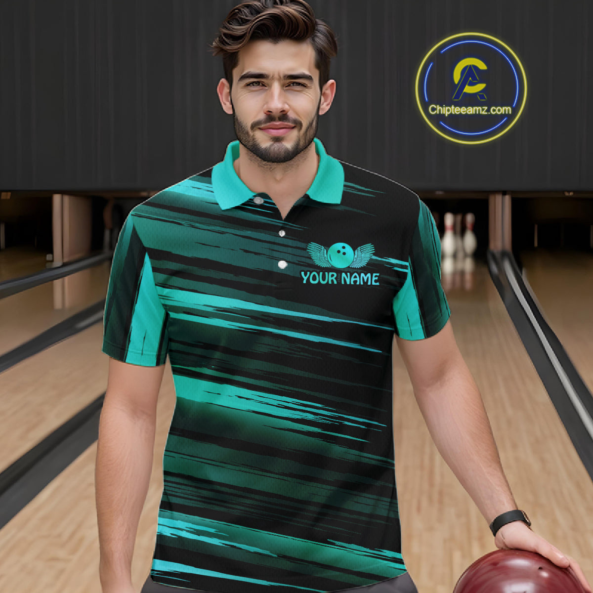 Male model wearing a custom black turquoise bowling polo shirt front view featuring a turquoise bowling ball emblem, dynamic turquoise brush stroke pattern and striped design at the bowling alley