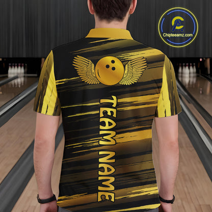 Male model wearing a custom black gold bowling polo shirt back view displaying the personalized team name below a gold bowling ball emblem at the bowling alley