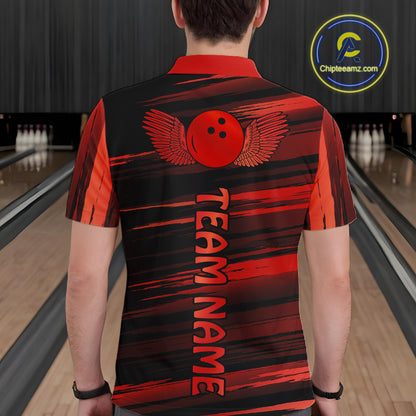 Male model wearing a custom black red bowling polo shirt back view displaying the personalized team name below a red bowling ball emblem at the bowling alley