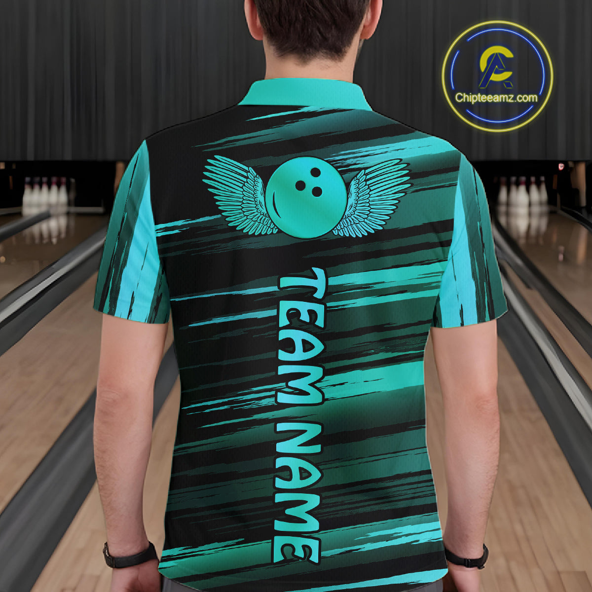 Male model wearing a custom black turquoise bowling polo shirt back view displaying the personalized team name below a turquoise bowling ball emblem at the bowling alley