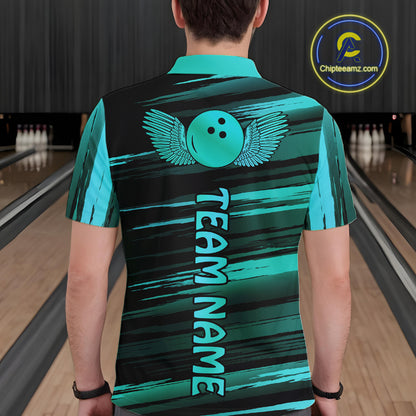 Male model wearing a custom black turquoise bowling polo shirt back view displaying the personalized team name below a turquoise bowling ball emblem at the bowling alley