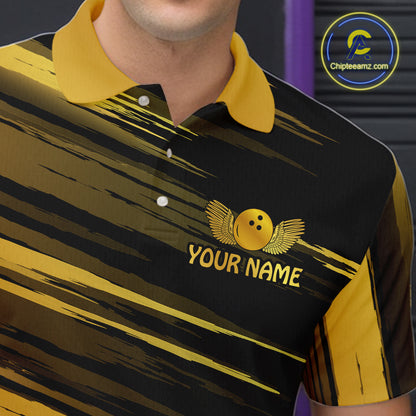 Close-up front view of a custom black gold bowling polo shirt showing the personalized player name, gold bowling ball emblem and dynamic gold brush stroke design