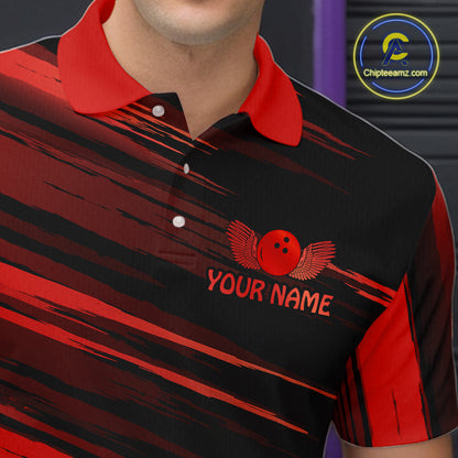 Close-up front view of a custom black red bowling polo shirt showing the personalized player name, red bowling ball emblem and dynamic gold brush stroke design