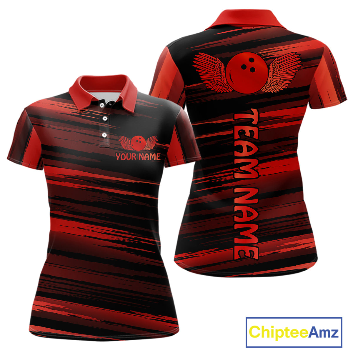 Front and back view custom black red bowling polo shirt featuring a red bowling ball emblem, dynamic red brush stroke pattern and striped design, personalized with team name and player name
