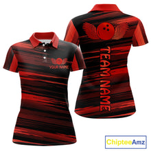 Load image into Gallery viewer, Front and back view custom black red bowling polo shirt featuring a red bowling ball emblem, dynamic red brush stroke pattern and striped design, personalized with team name and player name