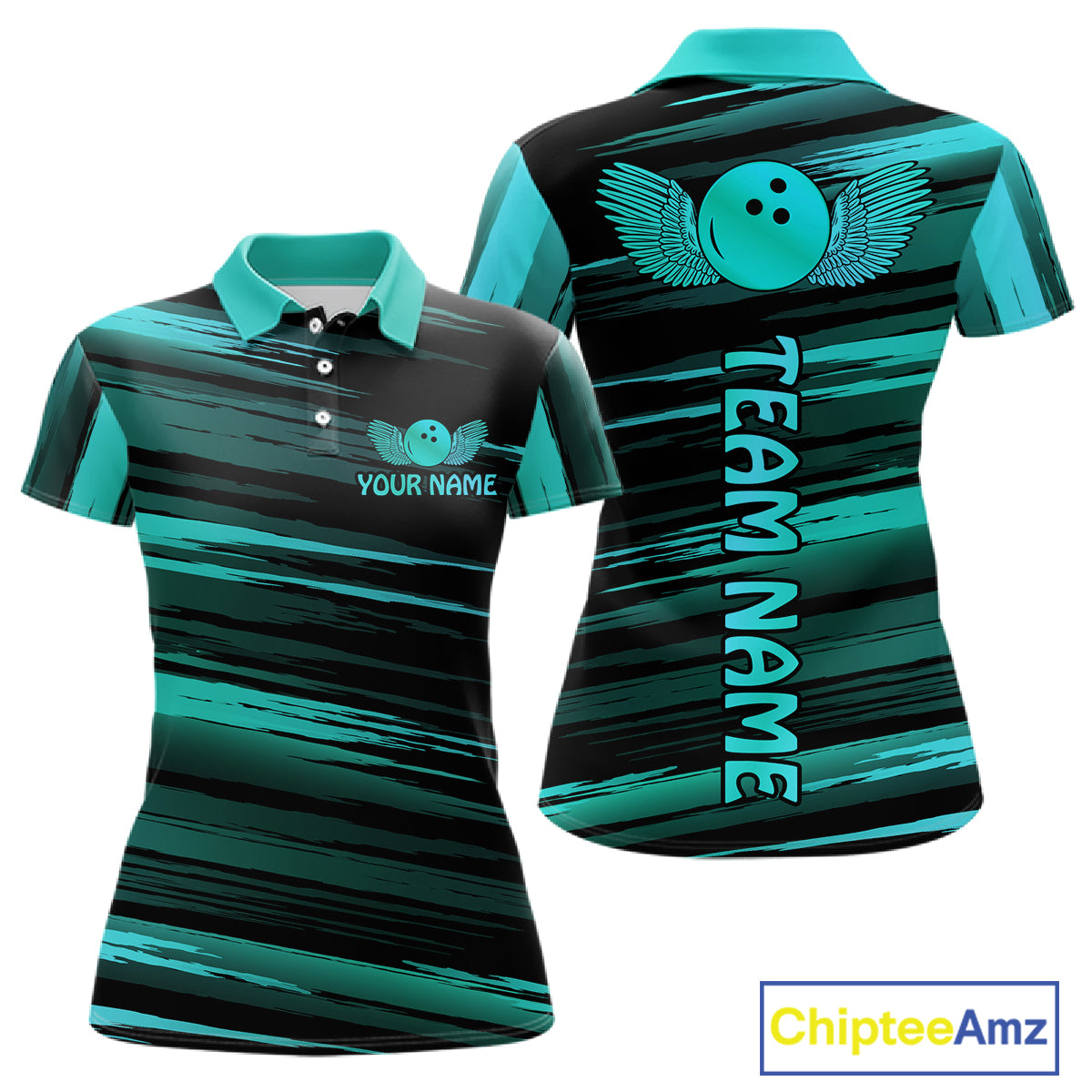 Front and back view custom black turquoise bowling polo shirt featuring a turquoise bowling ball emblem, dynamic turquoise brush stroke pattern and striped design, personalized with team name and player name