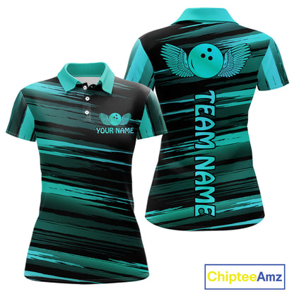 Front and back view custom black turquoise bowling polo shirt featuring a turquoise bowling ball emblem, dynamic turquoise brush stroke pattern and striped design, personalized with team name and player name