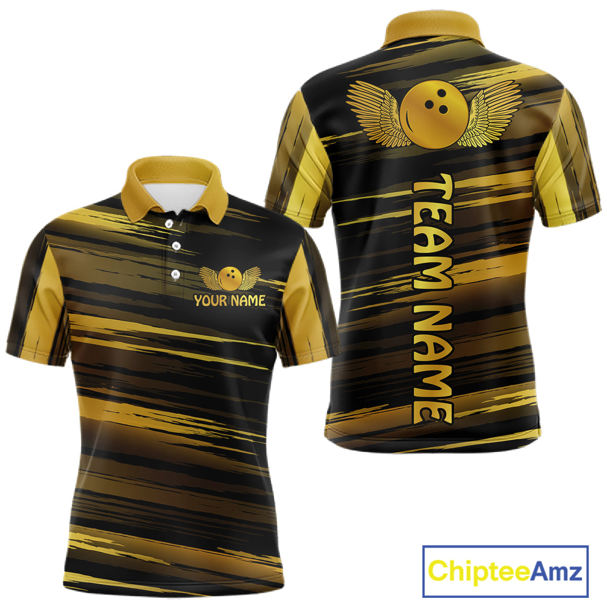 Front and back view custom black gold bowling polo shirt featuring a gold bowling ball emblem, dynamic gold brush stroke pattern and striped design, personalized with team name and player name