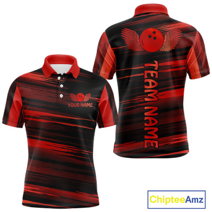 Front and back view custom black red bowling polo shirt featuring a red bowling ball emblem, dynamic red brush stroke pattern and striped design, personalized with team name and player name