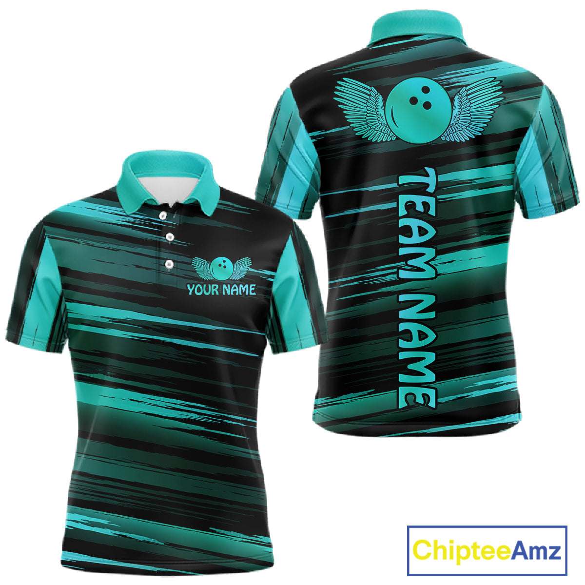 Front and back view custom black turquoise bowling polo shirt featuring a turquoise bowling ball emblem, dynamic turquoise brush stroke pattern and striped design, personalized with team name and player name